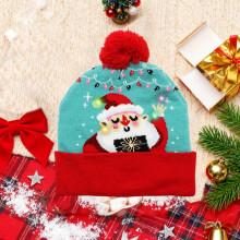 LED Christmas Hat Santa Claus Pattern Knitted Beanie with Hairball and Warm Ear Protection, Festive Light-Up Winter Cap for Holiday Parties