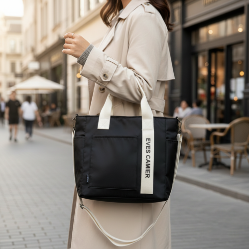 (Black) Waterproof Canvas Tote Bag for Work & Picnic 2