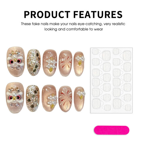 (M) 10Pcs Gold Foil False Nails with Glitter for Wedding 2