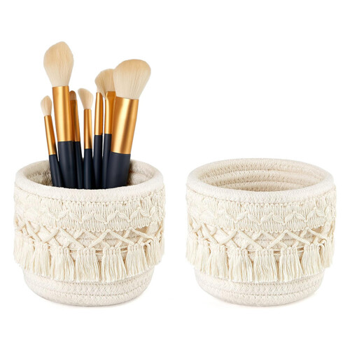 (White) Boho Woven Tassel Basket - Makeup Organizer 2