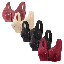 5-Pack Daisy Bras for Women, Front Button Closure, Wireless Cotton Bra for Seniors & Sports, Push-Up, Wire-Free, Supportive, Burgundy, 2XL