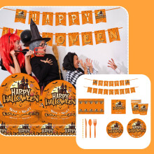 Ensemble de vaisselle pour fête d'Halloween – Bannière, nappe, gobelets,