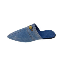 Women's Light Blue Flat Mules, Closed Pointed Toe, Backless Slip-On Loafers, Denim Baotou Clogs, Cap-Toe Sandals, Size 40