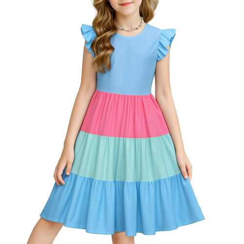 Mädchen Sommerkleid mit Farbblockmuster und Rüschenärmeln