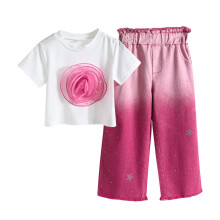Girls 2 Piece Floral Cotton Top and Wide Leg Pants Set Size