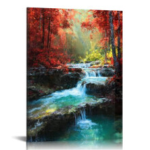 Red Forest Waterfall Canvas Wall Art, 16x20in – for Living Room, Bathroom, Bedroom, Office Decor