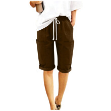 Pantaloncini da donna casual a vita alta con tasca a sacchetto - Capri in misto lino con elastico in vita e tasche, marroni, lunghezza media,