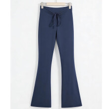 Damesbroek met hoge taille en wijde pijpen, stretch, bootcut model, met trekkoord in de taille, casual, geschikt voor yoga of loungen, blauw, maat XL
