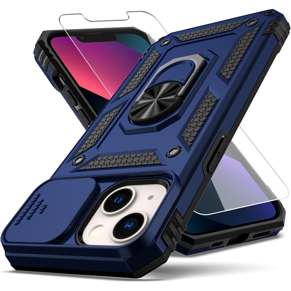 Iphone 13 Case With Camera Lens Cover, Hd Screen Protector, Military-Grade Ring Car Mount & Kickstand, Shockproof Hybrid Pc/Tpu Â Blue 9448483612845