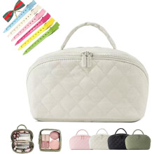 Quilted Puffer Makeup Bag for Women – 180 Lay-Flat, Large Capacity Toiletry Organizer with Compartments, Portable Cosmetic Bag (White)