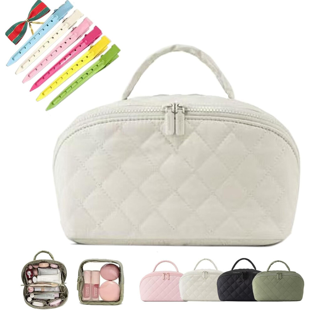 White Quilted Puffer Makeup Bag For Women Â 180 Lay-Flat, Large Capacity Toiletry Organizer With Compartments, Portable Cosmetic Bag (White)