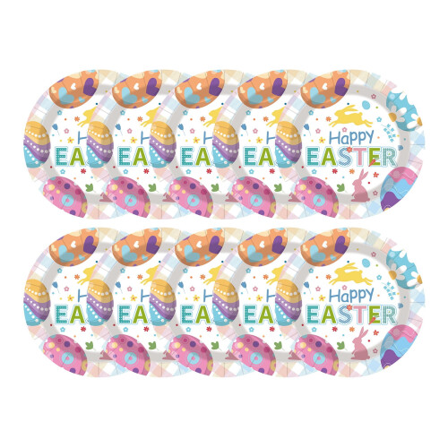 10Pcs Happy Easter Paper Plates, Bunny & Egg Design Disposable Dinnerware for Parties