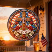 (Independence Day) Adult DIY Diamond Art Set, Patriotic 'God Bless America' Cross shaped Ornament