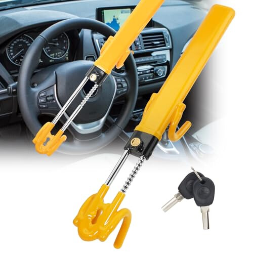 Heavy Duty Steering Wheel Lock, 4Hook DoubleBar Car AntiTheft Device, Adjustable Fit, Yellow Steel