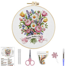 (Flowers) Mother's Day Handmade Embroidery Set, 7.87 * 7.87 inches, Flower Cross Needle Set with Loop, Thread, and Tools, Gift for Mom