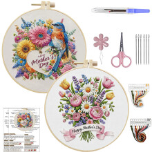 (2PCS Flowers) Mother's Day Handmade Embroidery Set, 7.87 * 7.87 inches, Flower Cross Needle Set with Loop, Thread, and Tools, Gift for Mom