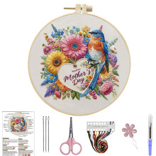 (Bird) Mother's Day Handmade Embroidery Set, 7.87 * 7.87 inches, Flower Cross Needle Set with Loop, Thread, and Tools, Gift for Mom
