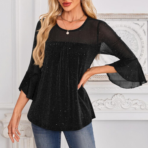 Glitzernde Damenbluse, Dreiviertelärmel-Rundhalsbluse,-Rot XL 1