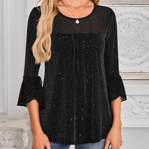 Glitzernde Damenbluse, Dreiviertelärmel-Rundhalsbluse,-Rot XL 2
