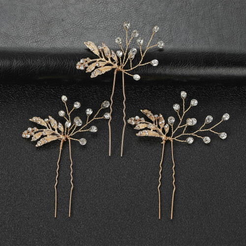 Gold Leaf Rhinestone U-Shape Hairpin for Styling 2