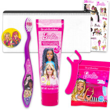 Trousse de Voyage de Soins Dentaires Barbie pour Enfants - Ensemble Brosse à Dents, Dentifrice, Fil dentaire, Sac de Voyage et Plus