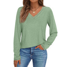 T-Shirts mit V-Ausschnitt für Damen, Spitze, langärmelig,-Grün M
