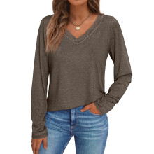 T-Shirts mit V-Ausschnitt für Damen, Spitze,-braun S