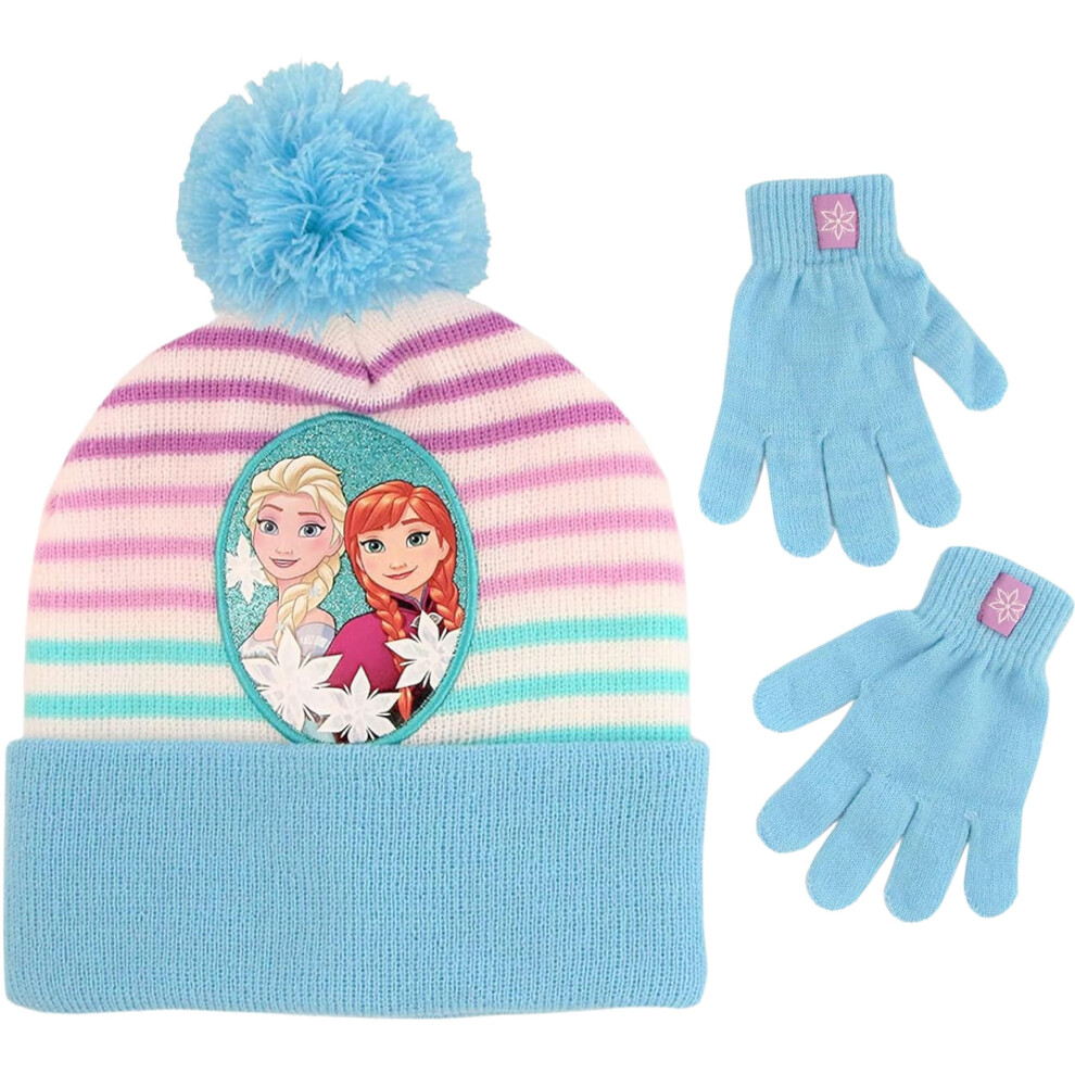 Disney Girls Frozen Winter Hat And Kids Gloves Sets, Elsa And Anna Beanie For Ages 4-7