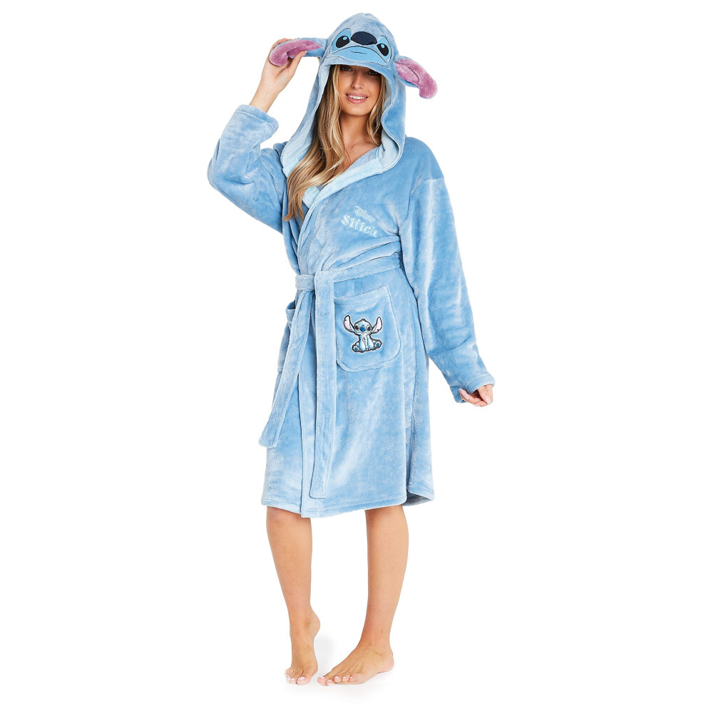 Disney Robes For Women, Lilo And Stitch Bath Robes, Fleece Bathrobe With Hood, Soft Polyester, Blue, Large