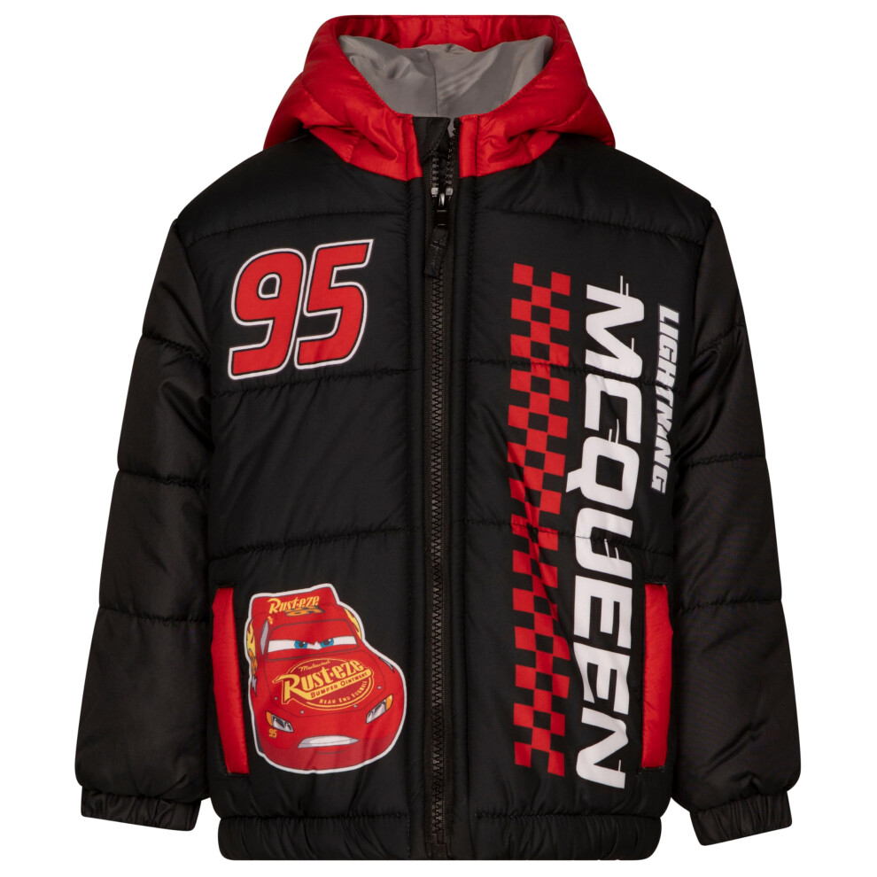 Disney Cars Lightning Mcqueen Toddler Boys Zip Up Puffer Jacket With Fleece Lining 5T Black/Red