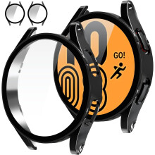 2-Pack Screen Protector Case for Samsung Galaxy Watch FE 2024/5, 2022/4, 2021 (40mm) – Glossy Black Hard Bumper Case with Tempered Glass