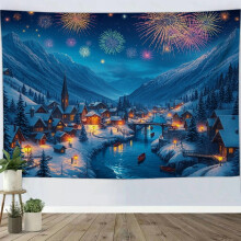 Snow-Capped Mountain Town Tapestry, Christmas New Year Fireworks Theme Wall Art for Bedroom, Living Room, Dorm, or Apartment Decor - 80x60in