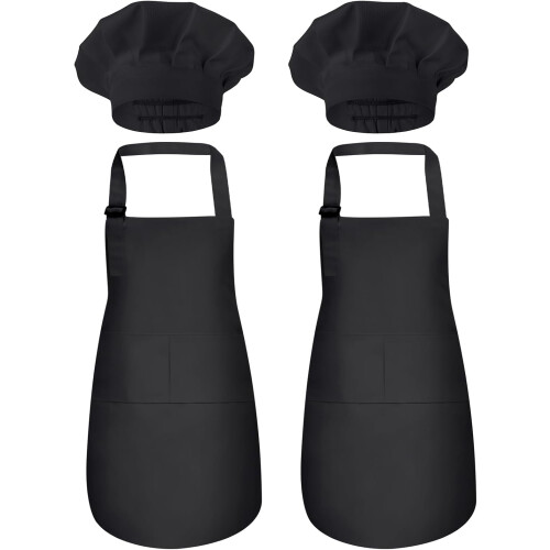 Kids Chef Apron and Hat Set Adjustable with Pockets 2 Pack