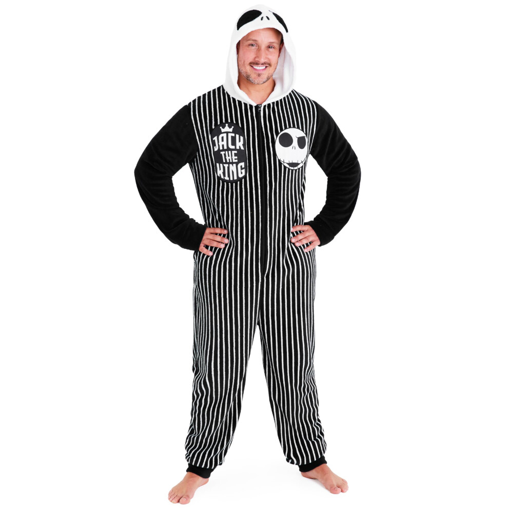 Disney The Nightmare Before Christmas One-Piece Pajamas For Men, Teens, Fleece Jumpsuit With Hood, Cozy Gifts (, Xl) Black/White