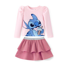 Disney Stitch Meisjes 2-delige Outfit Puff Lange Mouwen Top & Roze Glimmende Rok Set Verjaardagsjurk Maat 6-7