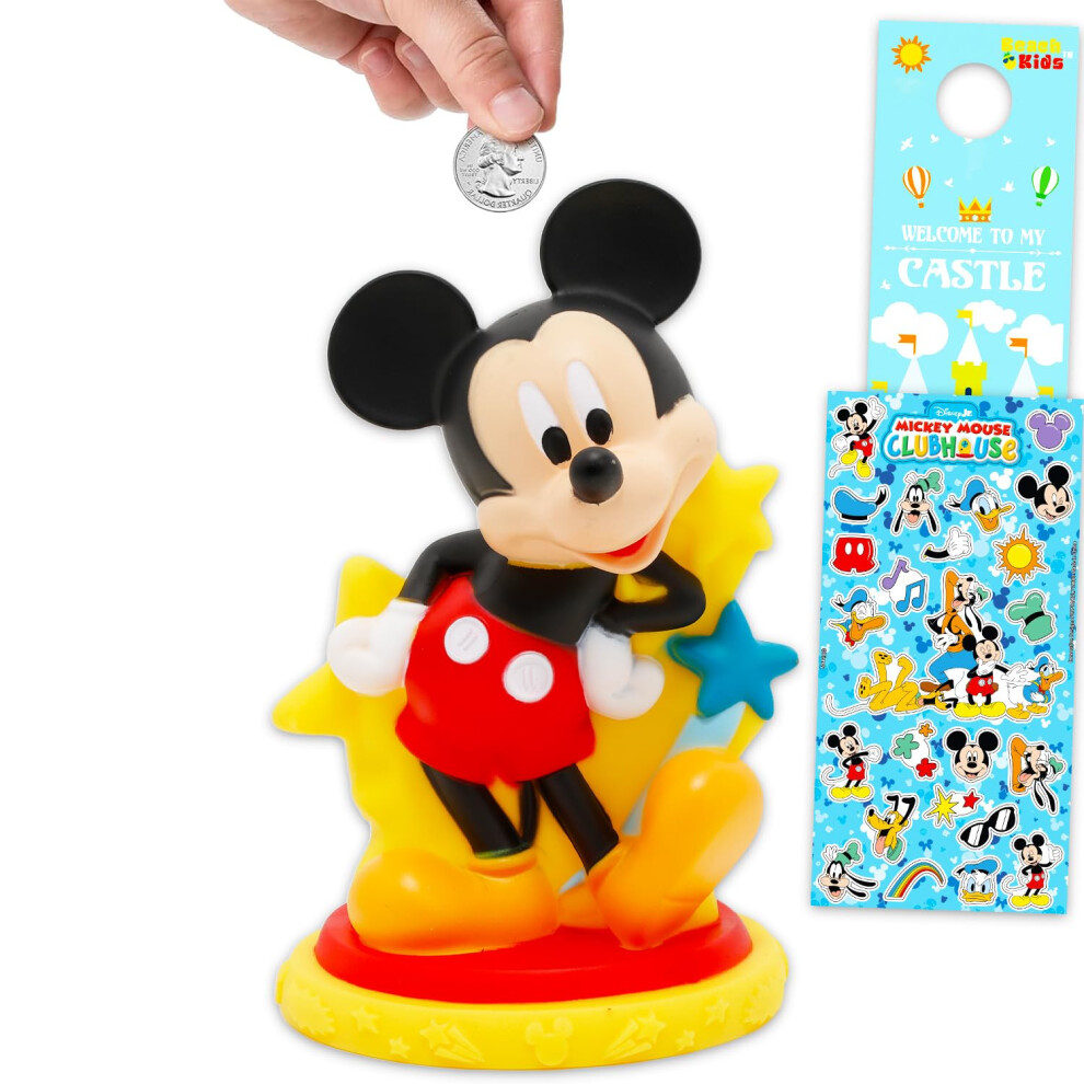 Disney Mickey Mouse Piggy Bank Set - Bundle With 8" Mickey Coin Saving Money Currency Banknote Jar Plus Stickers, More | Money Bank For Kids, Boys
