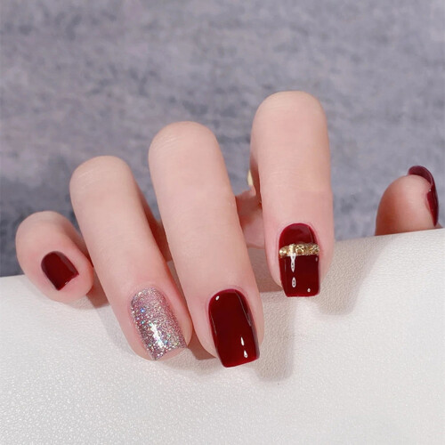 (Standard) 24pcs Wine Red False Nails, Medium Square 2