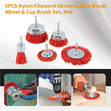 5 PCS Nylon Filament Abrasive Wire Brush Wheel & Cup Brush Set with 1/4Inch Drill Shank, Nylon Drill Brush Set , Red