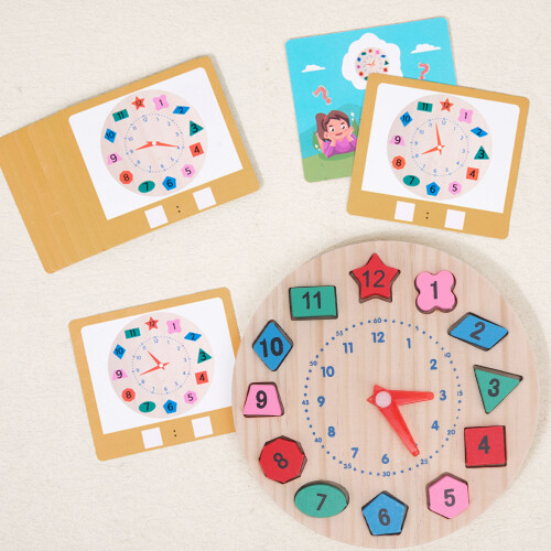 Wooden Shape Color Sorting Clock Teaching Time Activity Set for Kids 2