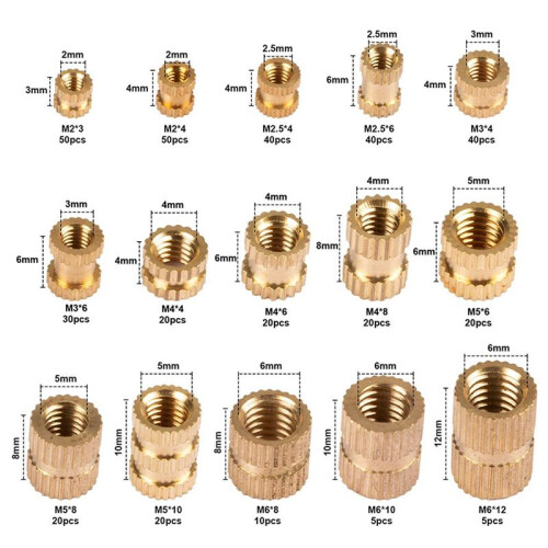 760Pcs Thread Inserts M2 M2.5 M3 M4 M5 M6 Metric Female Thread Brass Knurled Threaded Embedment Nuts Assortment Kit 1