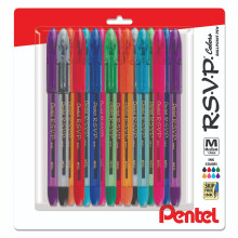 Pentel Rsvp Pen Medium Point, 1.0 mm - 8 Couleurs Assorties avec Poignée en Caoutchouc Sans Latex, Paquet de 16