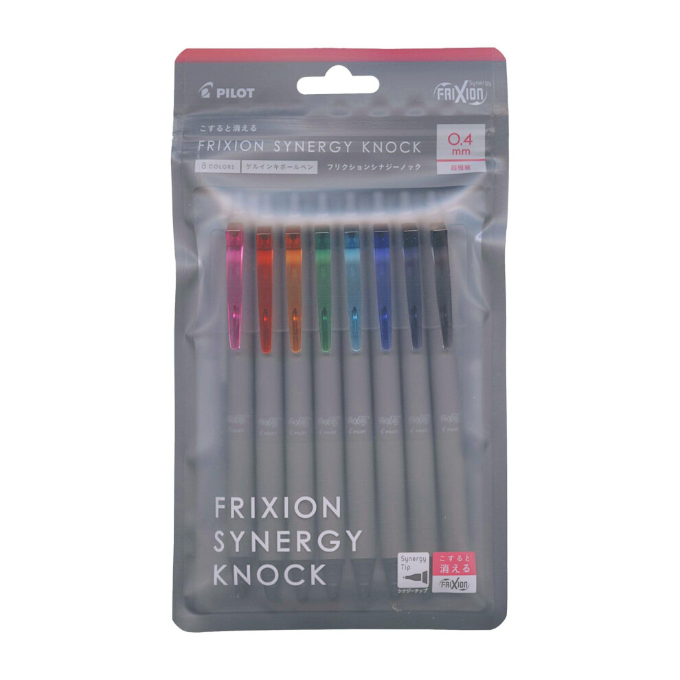 Pilot Frixion Synergy Knock, 8 Color Set, Slide Clicker Retractable Erasable Gel Ink Pens With Synergy Tip, Refillable Extra Fine Point 0.4Mm, 8-Pack,