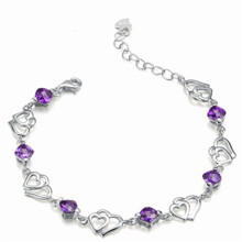 Armband aus 925er Sterlingsilber mit doppeltem Herz und violettem Kristall