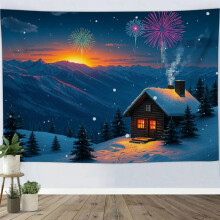 Winter Forest New Year Landscape Theme Tapestry, Snowy Holiday Wall Art for Bedroom, Living Room, Dorm, or Apartment Decor - 80x60in