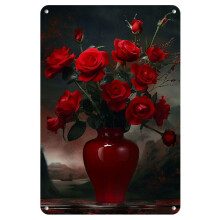 Metal Tin Signs Red Roses in a Red Vase Retro Metal Sign Home Decor Wall Art