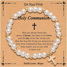 Catholic Pearl Cross Bracelet for Women – Baptism, First Communion, Confirmation Gift for Daughter, Granddaughter, Sister, Niece
