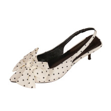 Weiße Damen-Sandalen mit hohem Absatz, spitzer Zehenpartie, Polka-Dots und Schleife, zum Hineinschlüpfen, Übergröße, bequeme Freizeitschuhe –