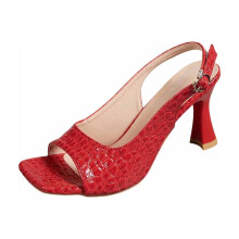 Rote Damen-Sandalen mit Absatz, offener Zehenpartie, eckiger Zehenpartie, Knöchelriemen, dünnem Absatz, lässig und bequem, auch in großen