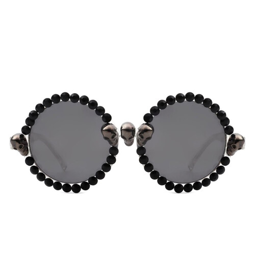 Γυαλιά ηλίου Statement Round για γυναίκες, Edgy Fashion Style με νεκροκεφαλή και μαύρες χάντρες