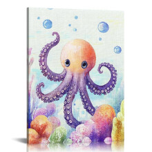 Watercolor Octopus Canvas Wall Art, Canvas Prints Wall Art for Living Room Bathroom Bedroom Office, Art Print Painting for Home Decorations - 12x16in